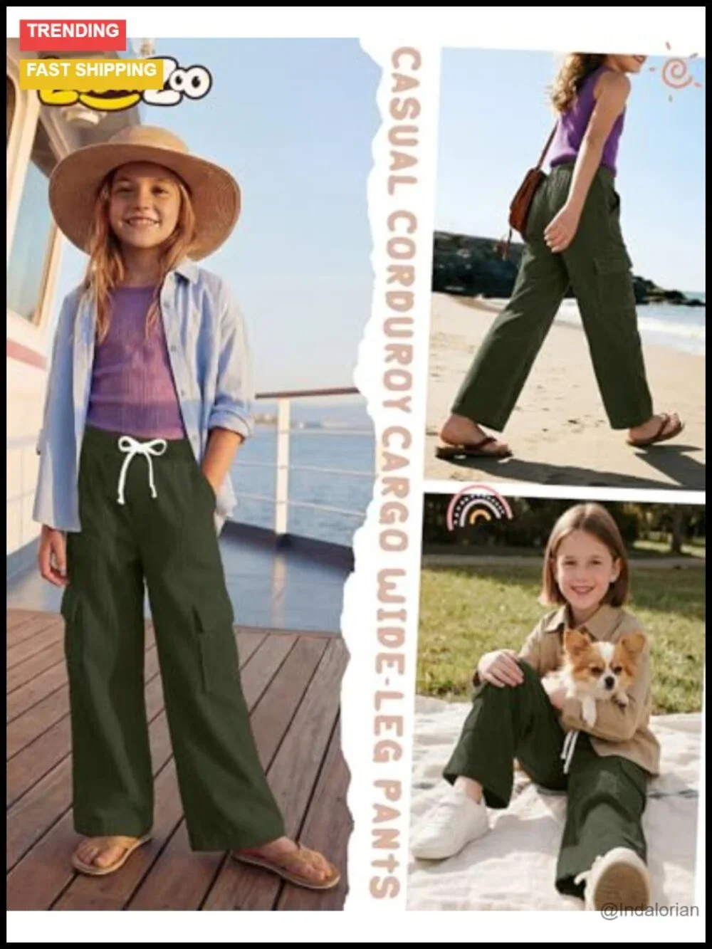 Girls Corduroy Cargo Pants Jogger with Pockets School Uniform Straight Leg